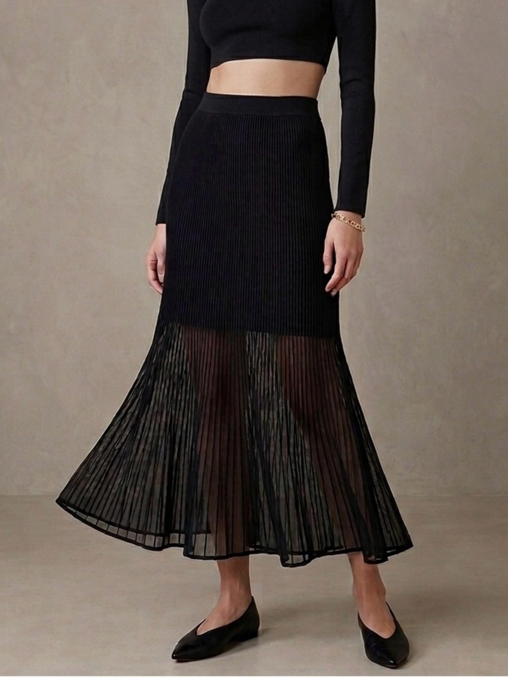 Commense Black Pleated Sheer-Hem Maxi Skirt